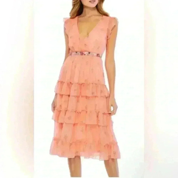 Mac Duggal Floral Print Ruffle Tiered Faux Wrap Dress NWT Size 8 - Picture 1 of 7